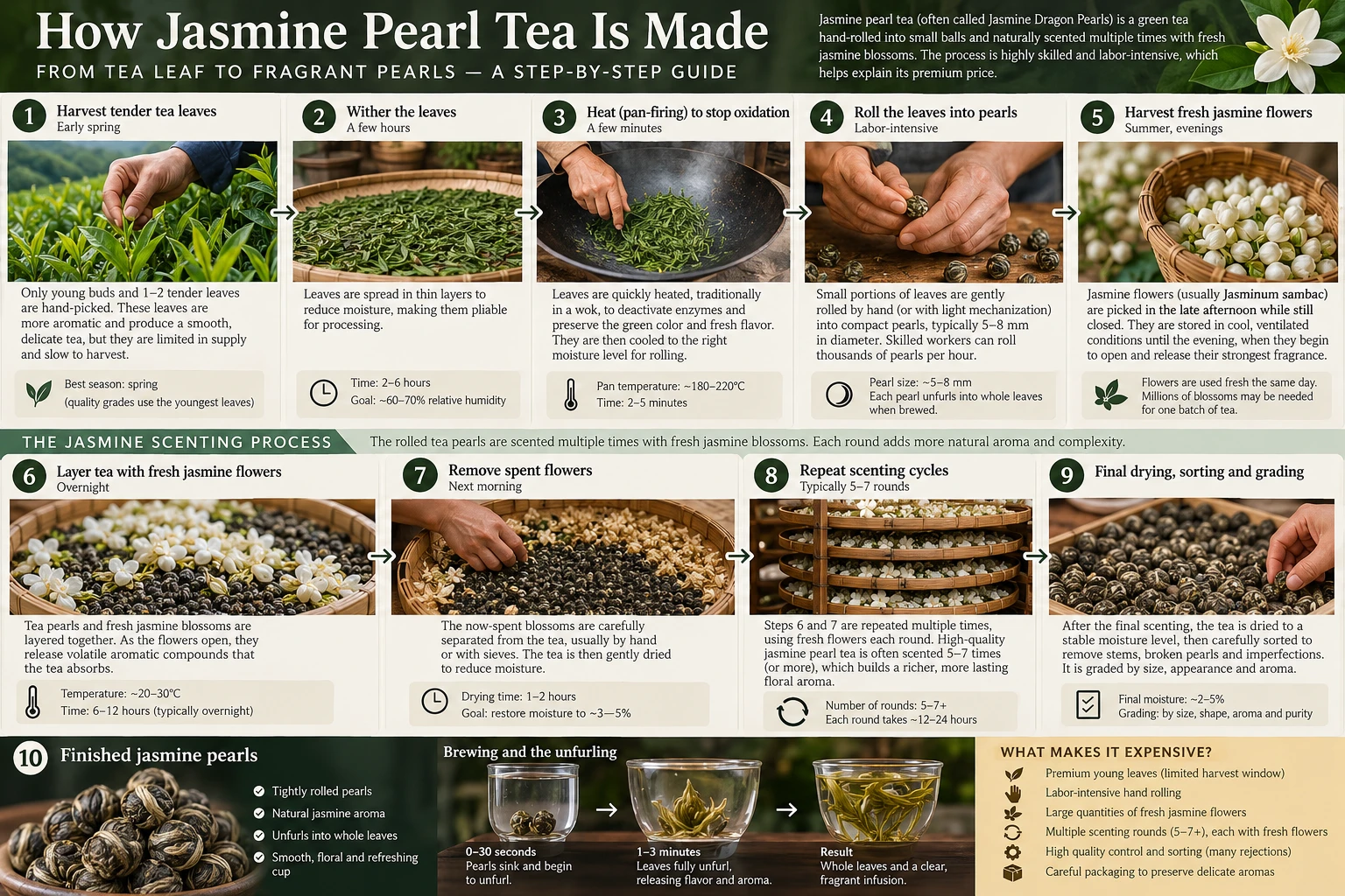 How Jasmine Pearl tea is made, from tea leaf to fragrant pearls, step by step